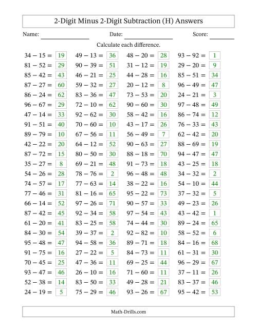 The Horizontally Arranged Two-Digit Minus Two-Digit Subtraction(100 Questions) (H) Math Worksheet Page 2