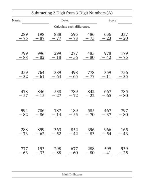 The Subtracting 2-Digit from 3-Digit Numbers With No Regrouping (49 Questions) (A) Math Worksheet