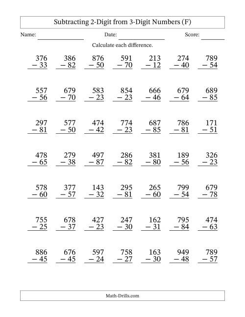 The Subtracting 2-Digit from 3-Digit Numbers With No Regrouping (49 Questions) (F) Math Worksheet