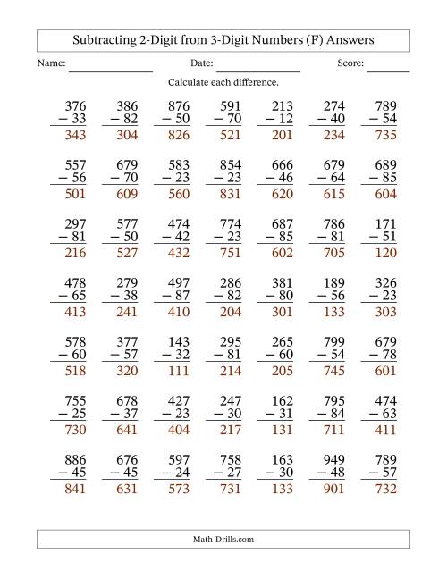 The Subtracting 2-Digit from 3-Digit Numbers With No Regrouping (49 Questions) (F) Math Worksheet Page 2