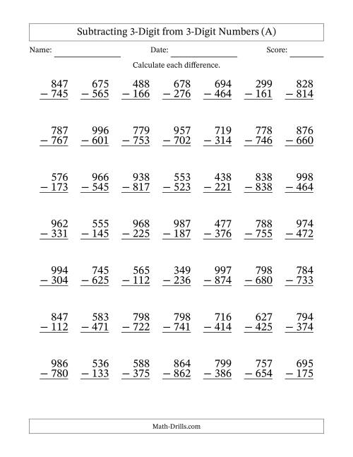 The Subtracting 3-Digit from 3-Digit Numbers With No Regrouping (49 Questions) (A) Math Worksheet
