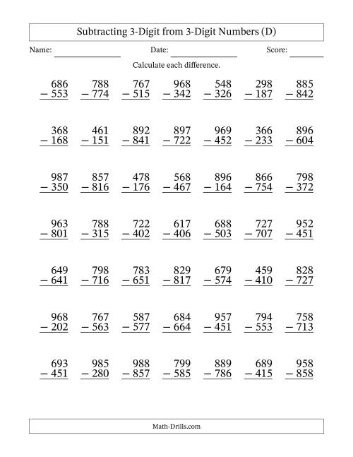 The Subtracting 3-Digit from 3-Digit Numbers With No Regrouping (49 Questions) (D) Math Worksheet