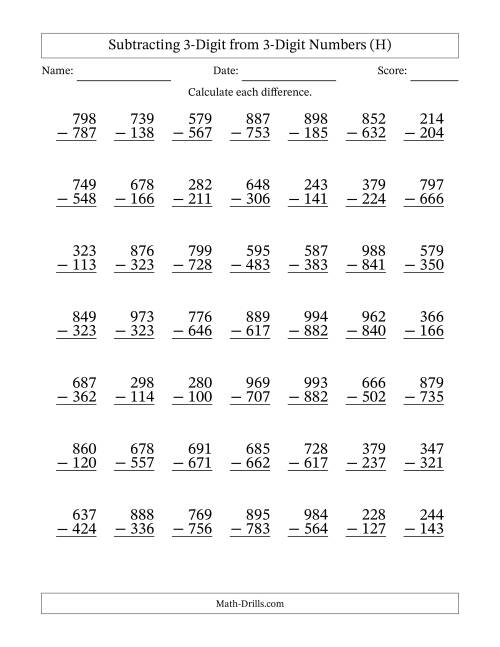 The Subtracting 3-Digit from 3-Digit Numbers With No Regrouping (49 Questions) (H) Math Worksheet