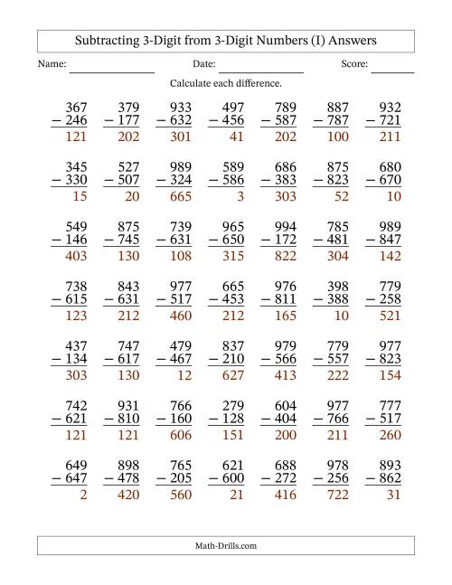 The Subtracting 3-Digit from 3-Digit Numbers With No Regrouping (49 Questions) (I) Math Worksheet Page 2