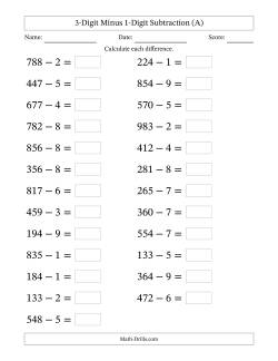 Horizontally Arranged Three-Digit Minus One-Digit Subtraction(25 Questions; Large Print)