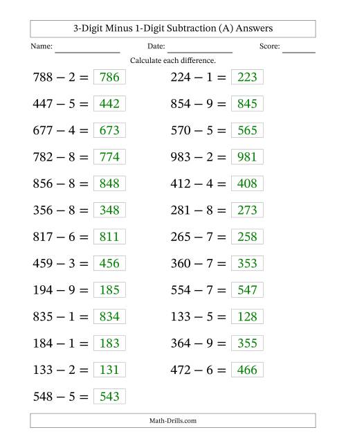 The Horizontally Arranged Three-Digit Minus One-Digit Subtraction(25 Questions; Large Print) (A) Math Worksheet Page 2