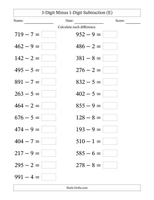 The Horizontally Arranged Three-Digit Minus One-Digit Subtraction(25 Questions; Large Print) (E) Math Worksheet