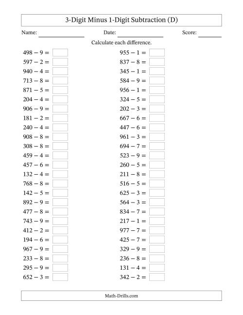 The Horizontally Arranged Three-Digit Minus One-Digit Subtraction(50 Questions) (D) Math Worksheet