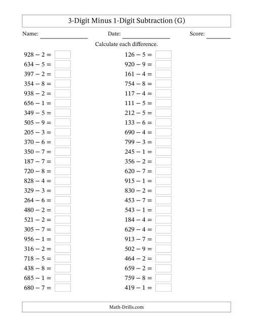 The Horizontally Arranged Three-Digit Minus One-Digit Subtraction(50 Questions) (G) Math Worksheet