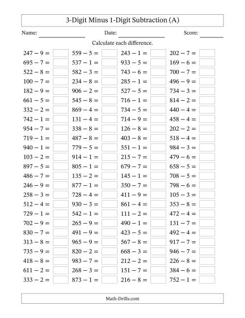 The Horizontally Arranged Three-Digit Minus One-Digit Subtraction(100 Questions) (A) Math Worksheet