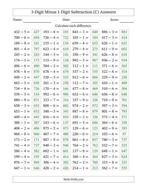 three digit minus one digit horizontal subtraction 100 questions c