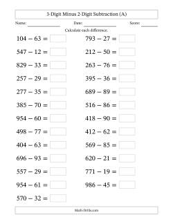 Horizontally Arranged Three-Digit Minus Two-Digit Subtraction(25 Questions; Large Print)
