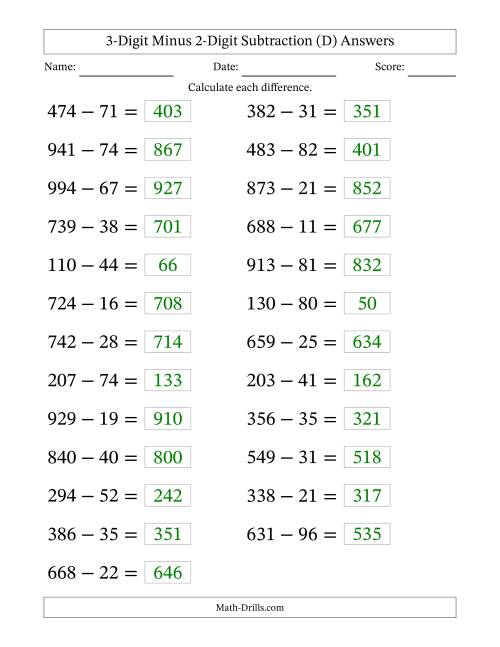 The Horizontally Arranged Three-Digit Minus Two-Digit Subtraction(25 Questions; Large Print) (D) Math Worksheet Page 2
