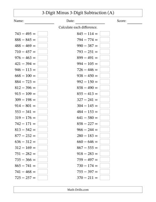 The Horizontally Arranged Three-Digit Minus Three-Digit Subtraction(50 Questions) (All) Math Worksheet