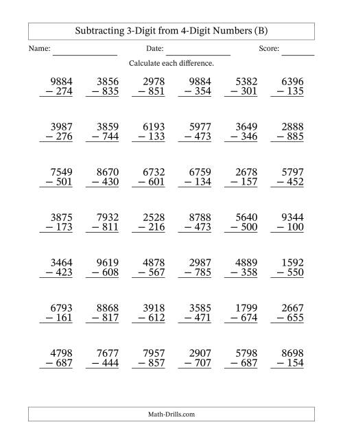 The Subtracting 3-Digit from 4-Digit Numbers With No Regrouping (42 Questions) (B) Math Worksheet