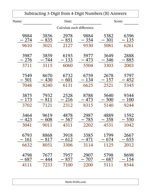 The Subtracting 3-Digit from 4-Digit Numbers With No Regrouping (42 Questions) (B) Math Worksheet Page 2