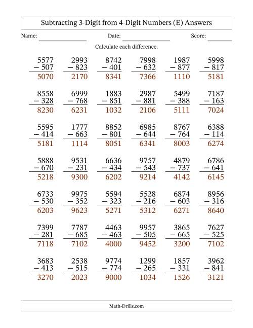 The Subtracting 3-Digit from 4-Digit Numbers With No Regrouping (42 Questions) (E) Math Worksheet Page 2