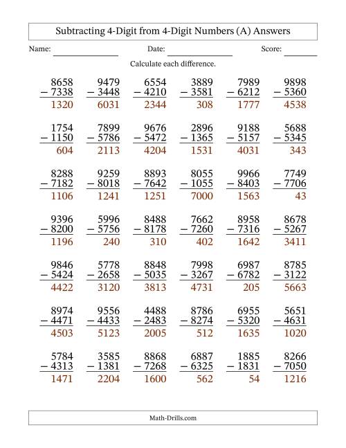 The Subtracting 4-Digit from 4-Digit Numbers With No Regrouping (42 Questions) (A) Math Worksheet Page 2