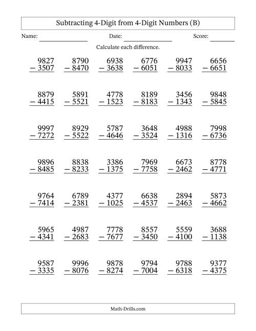 The Subtracting 4-Digit from 4-Digit Numbers With No Regrouping (42 Questions) (B) Math Worksheet