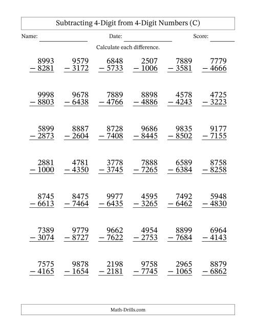 The Subtracting 4-Digit from 4-Digit Numbers With No Regrouping (42 Questions) (C) Math Worksheet