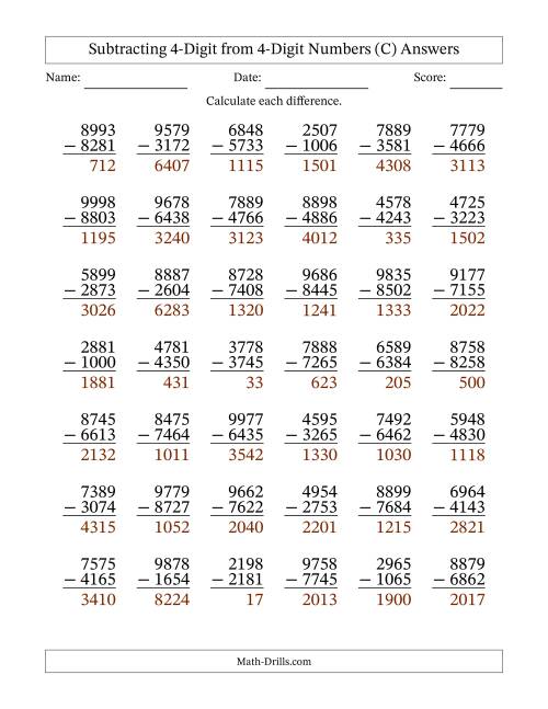The Subtracting 4-Digit from 4-Digit Numbers With No Regrouping (42 Questions) (C) Math Worksheet Page 2