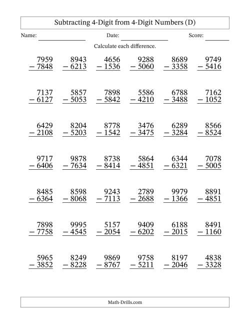 The Subtracting 4-Digit from 4-Digit Numbers With No Regrouping (42 Questions) (D) Math Worksheet