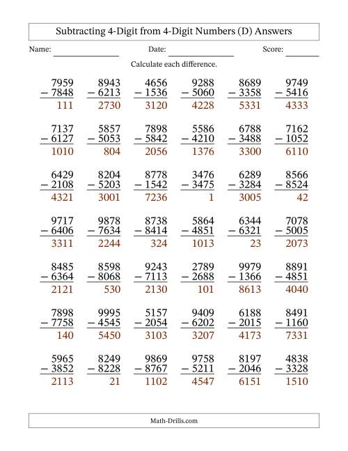 The Subtracting 4-Digit from 4-Digit Numbers With No Regrouping (42 Questions) (D) Math Worksheet Page 2