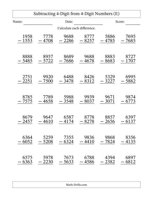 The Subtracting 4-Digit from 4-Digit Numbers With No Regrouping (42 Questions) (E) Math Worksheet