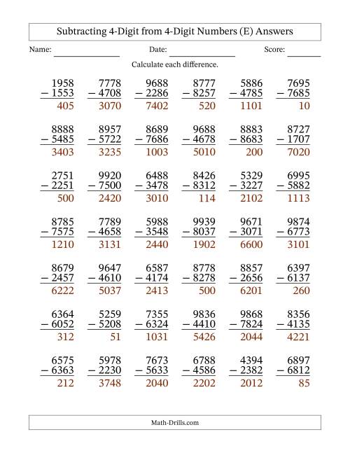 The Subtracting 4-Digit from 4-Digit Numbers With No Regrouping (42 Questions) (E) Math Worksheet Page 2