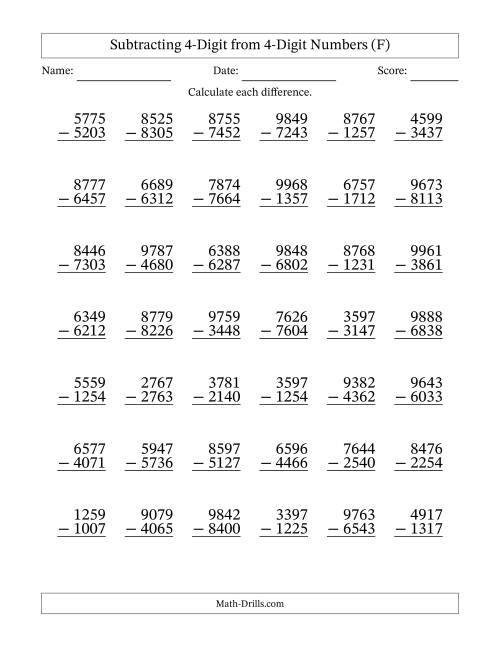 The Subtracting 4-Digit from 4-Digit Numbers With No Regrouping (42 Questions) (F) Math Worksheet