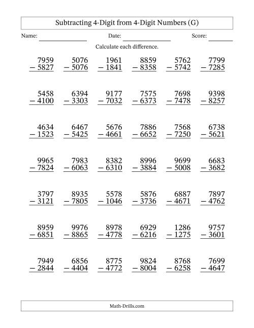 The Subtracting 4-Digit from 4-Digit Numbers With No Regrouping (42 Questions) (G) Math Worksheet