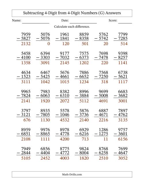 The Subtracting 4-Digit from 4-Digit Numbers With No Regrouping (42 Questions) (G) Math Worksheet Page 2