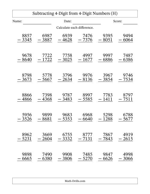 The Subtracting 4-Digit from 4-Digit Numbers With No Regrouping (42 Questions) (H) Math Worksheet