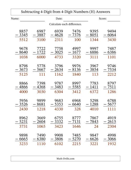 The Subtracting 4-Digit from 4-Digit Numbers With No Regrouping (42 Questions) (H) Math Worksheet Page 2