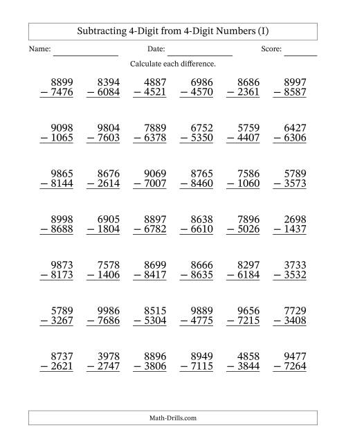 The Subtracting 4-Digit from 4-Digit Numbers With No Regrouping (42 Questions) (I) Math Worksheet