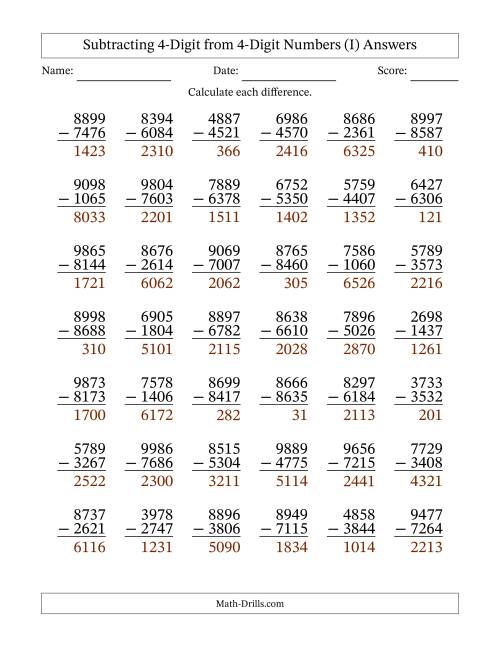The Subtracting 4-Digit from 4-Digit Numbers With No Regrouping (42 Questions) (I) Math Worksheet Page 2