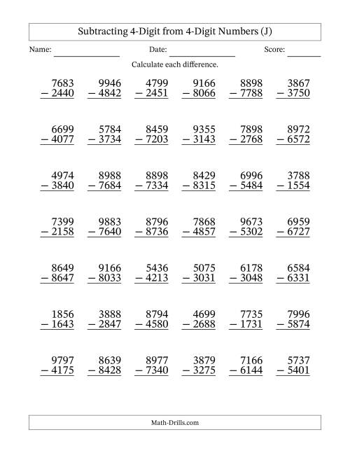 The Subtracting 4-Digit from 4-Digit Numbers With No Regrouping (42 Questions) (J) Math Worksheet