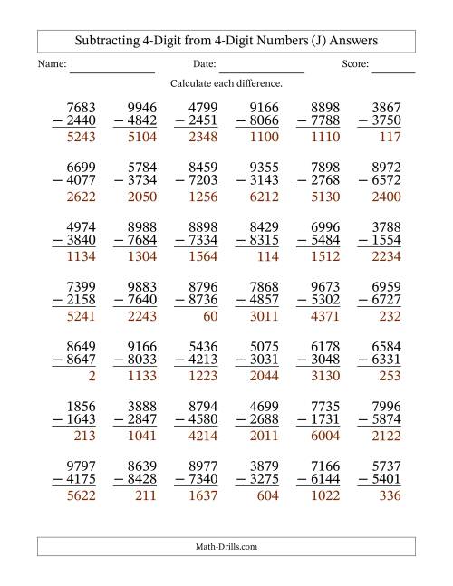 The Subtracting 4-Digit from 4-Digit Numbers With No Regrouping (42 Questions) (J) Math Worksheet Page 2