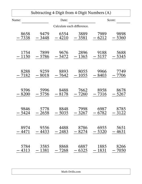 The Subtracting 4-Digit from 4-Digit Numbers With No Regrouping (42 Questions) (All) Math Worksheet