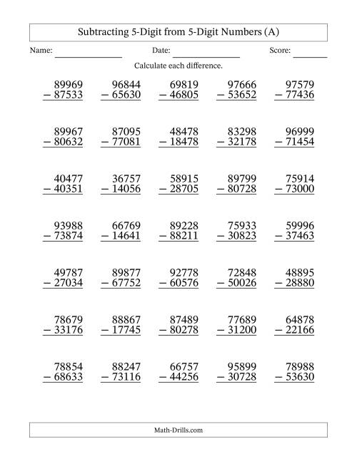 The Subtracting 5-Digit from 5-Digit Numbers With No Regrouping (35 Questions) (A) Math Worksheet