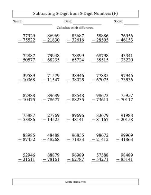 The Subtracting 5-Digit from 5-Digit Numbers With No Regrouping (35 Questions) (F) Math Worksheet