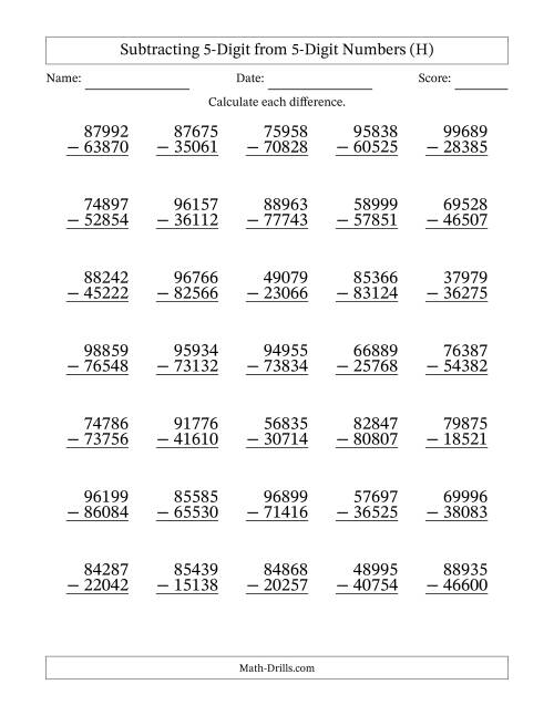 The Subtracting 5-Digit from 5-Digit Numbers With No Regrouping (35 Questions) (H) Math Worksheet