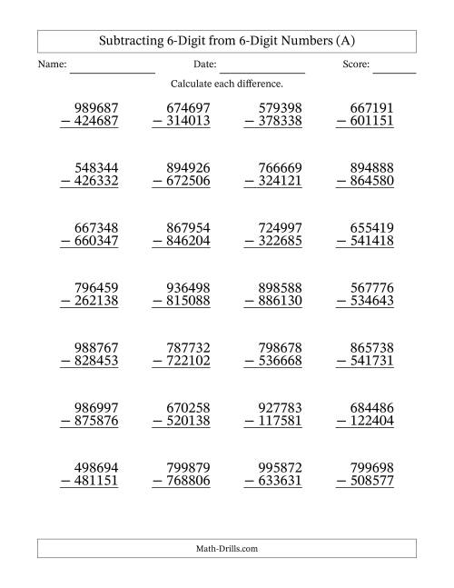The Subtracting 6-Digit from 6-Digit Numbers With No Regrouping (28 Questions) (A) Math Worksheet
