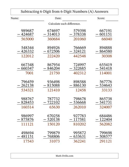 The Subtracting 6-Digit from 6-Digit Numbers With No Regrouping (28 Questions) (A) Math Worksheet Page 2