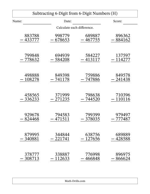 The Subtracting 6-Digit from 6-Digit Numbers With No Regrouping (28 Questions) (H) Math Worksheet