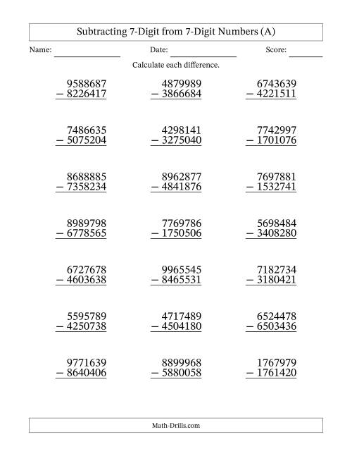 The Subtracting 7-Digit from 7-Digit Numbers With No Regrouping (21 Questions) (A) Math Worksheet