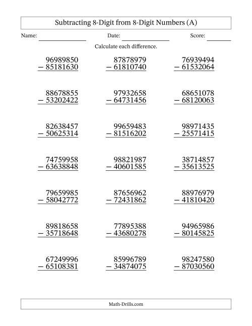 The Subtracting 8-Digit from 8-Digit Numbers With No Regrouping (21 Questions) (A) Math Worksheet