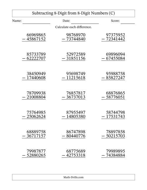The Subtracting 8-Digit from 8-Digit Numbers With No Regrouping (21 Questions) (C) Math Worksheet