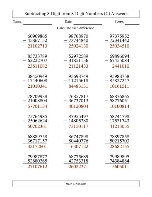 The Subtracting 8-Digit from 8-Digit Numbers With No Regrouping (21 Questions) (C) Math Worksheet Page 2