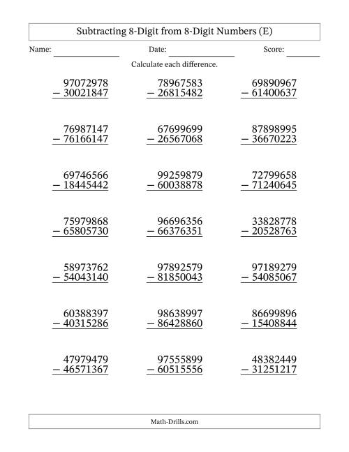 The Subtracting 8-Digit from 8-Digit Numbers With No Regrouping (21 Questions) (E) Math Worksheet